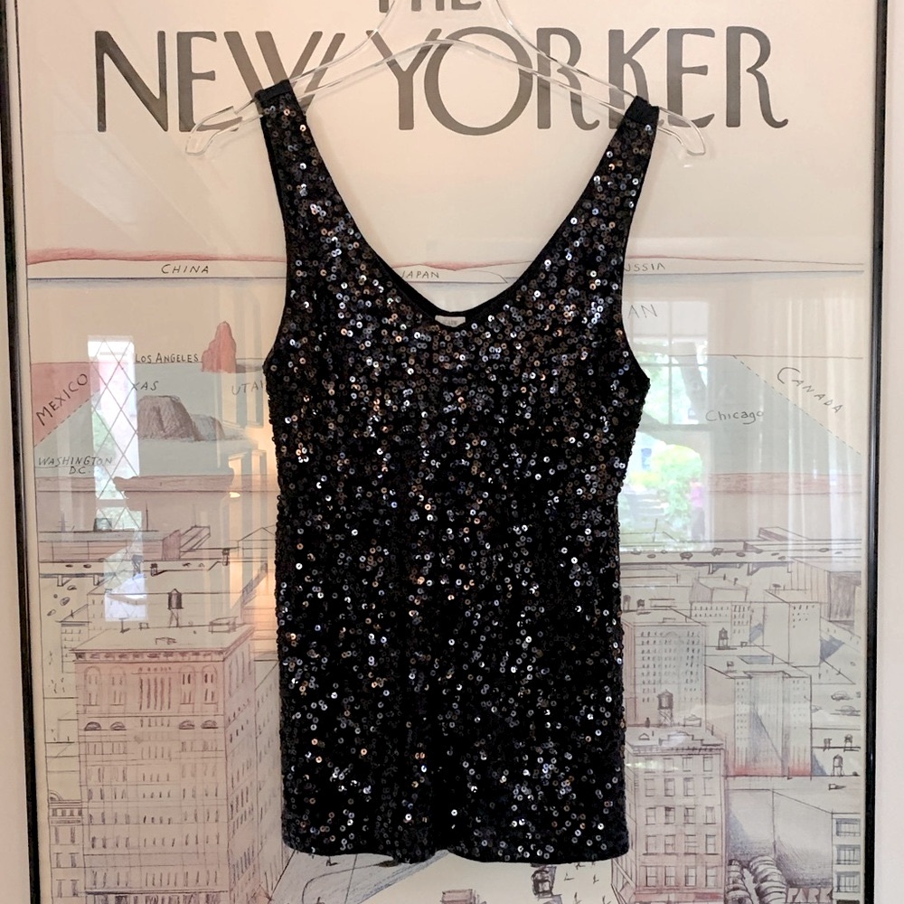 J Crew navy v neck tank with navy sequins on front and cotton back size S